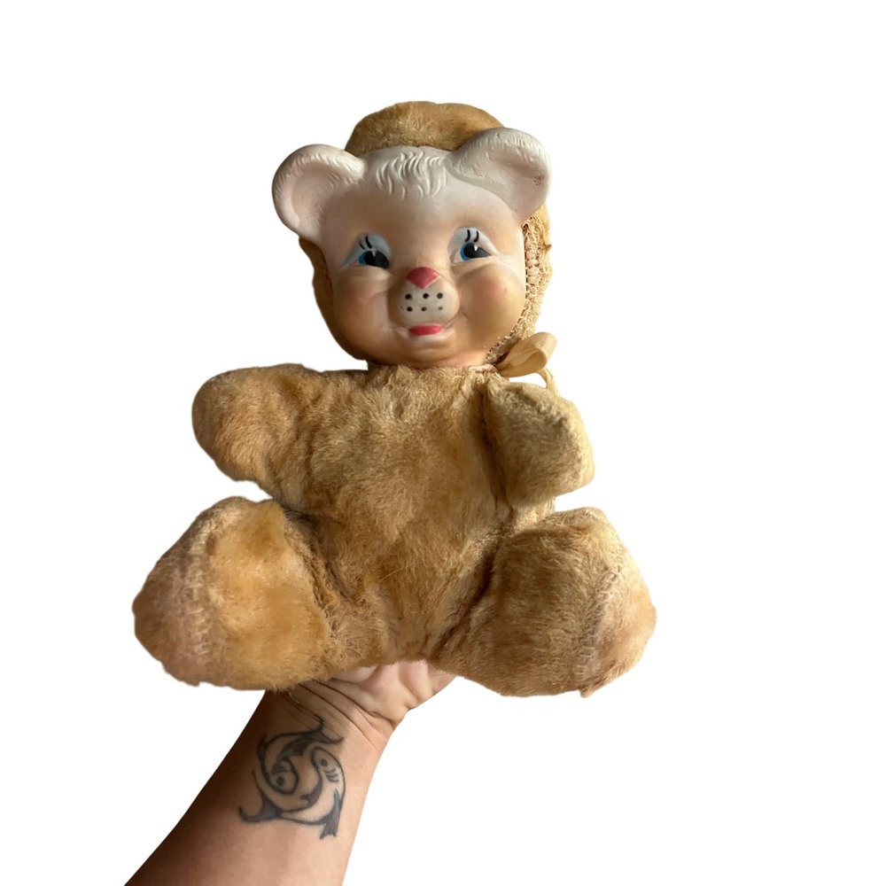 Vintage Rubber Face‎ Ruston Bear Plush Tan Mohair Style Mid Century Kitsch Toy